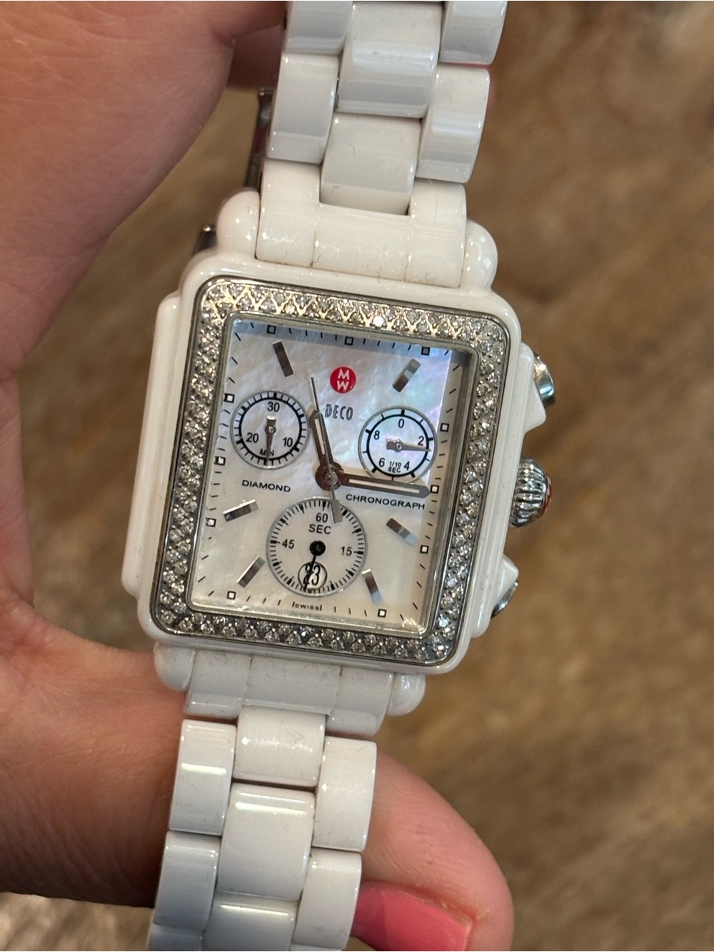 Michele White Ceramic Diamond-Accented Deco Chronograph Watch